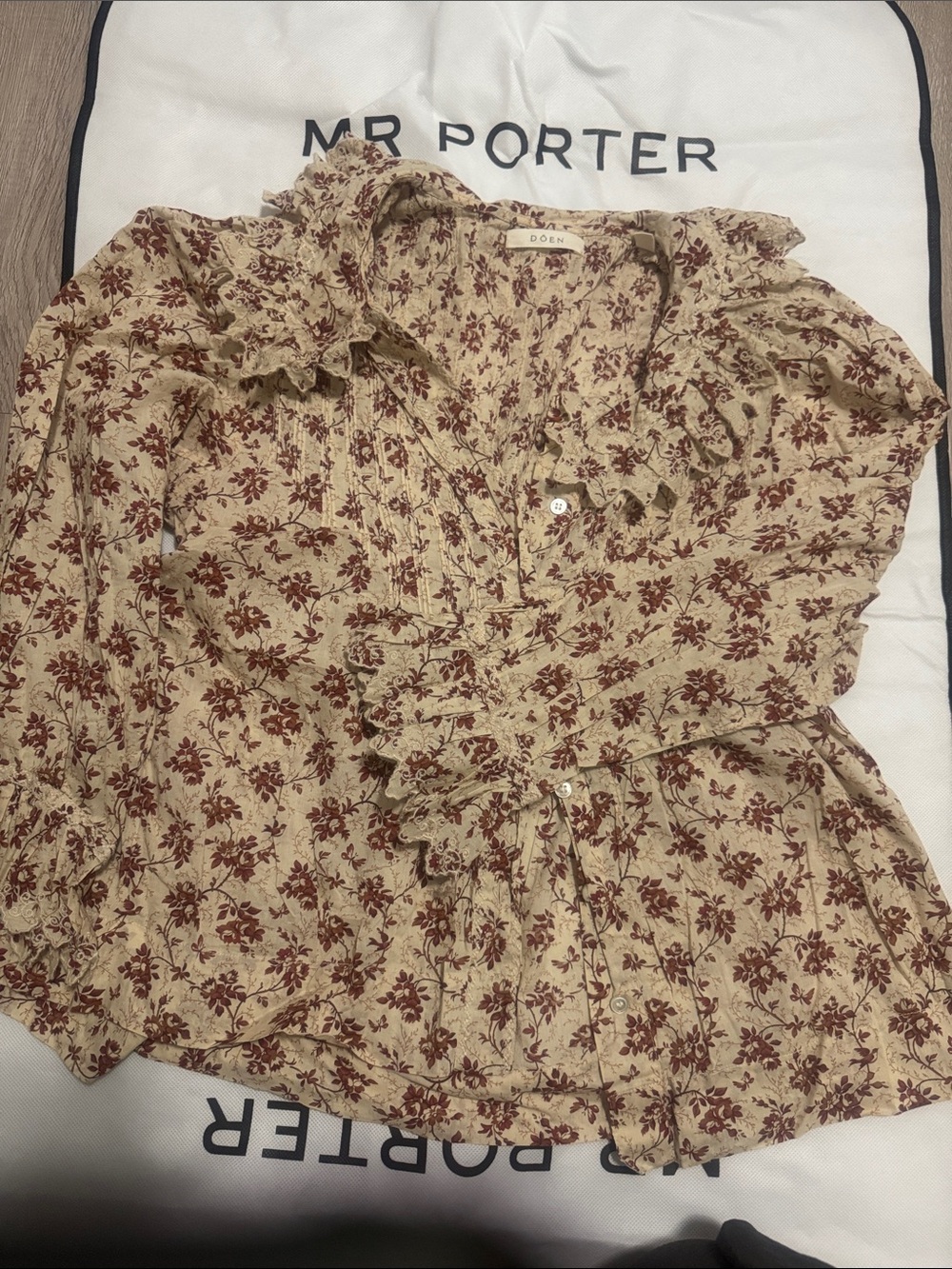 Doen Beige Floral Ruffle Blouse with Burgundy Print